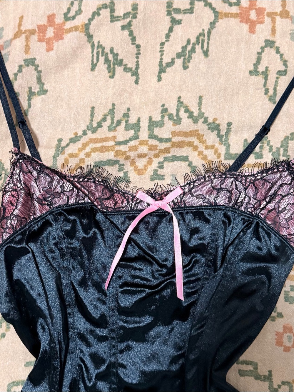 Xhilaration Black Satin Lace Cami Tank with Pink Bow - Picture 2 of 4